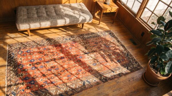Antique n. W. Persian coral 1930s hallway runner rug 2 Antique n. W. Persian coral 1930s hallway runner rug (sku 19719) - styled overhead view
