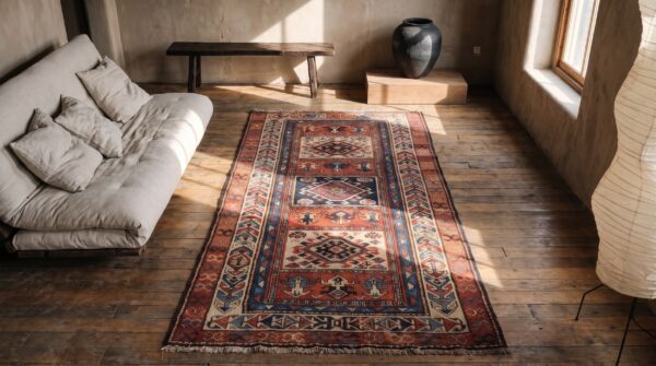 Antique n. W. Persian coral wool hallway runner rug 2 Antique n. W. Persian coral wool hallway runner rug (sku 21730) - styled overhead view