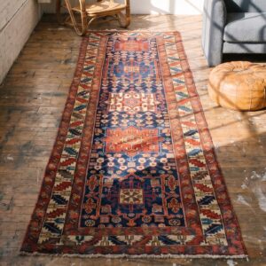 Antique N.W. Persian Geometric Medallion Hand Knotted Hallway Runner Rug (SKU 18549) - styled overhead view