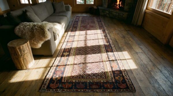 Antique n. W. Persian hallway runner wool blue rug (sku 23762) - styled overhead view
