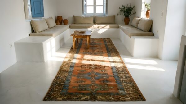 Antique n. W. Persian karajeh runner 2'10"×17'10" salmon & ivory long format, circa 1920 (sku 18814) - room view