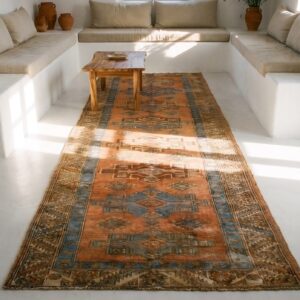 Antique N.W. Persian Karajeh Runner 2'10"×17'10" Salmon & Ivory Long Format, Circa 1920 (SKU 18814) - styled overhead view