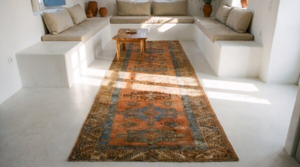 Antique n. W. Persian karajeh runner 2'10"×17'10" salmon & ivory long format, circa 1920 (sku 18814) - styled overhead view