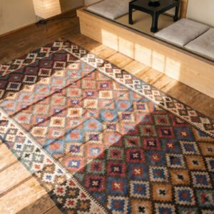 Antique N.W. Persian Kilim Hallway Runner Rug (SKU 19217) - styled overhead view