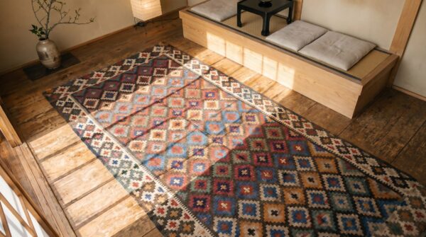 Antique n. W. Persian kilim hallway runner rug 2 Antique n. W. Persian kilim hallway runner rug (sku 19217) - styled overhead view