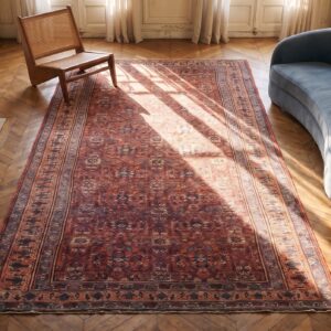 Antique N.W. Persian Large Hallway Runner Wool Coral Rug (SKU 21069) - styled overhead view