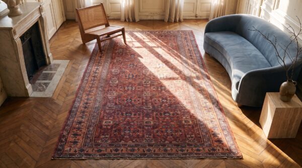Antique n. W. Persian large hallway runner wool coral rug 2 Antique n. W. Persian large hallway runner wool coral rug (sku 21069) - styled overhead view