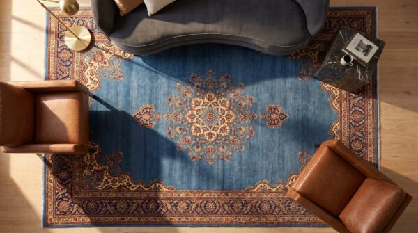 Antique n. W. Persian persian medallion knotted rug 2 Antique n. W. Persian persian medallion knotted rug (sku 22842) - styled overhead view