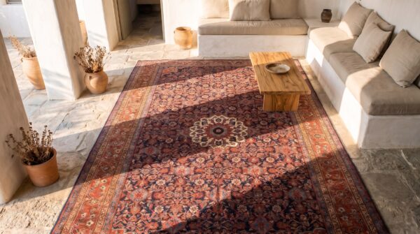 Antique n. W. Persian oversized room size wool blue rug 2 Antique n. W. Persian oversized room size wool blue rug (sku 20457) - styled overhead view