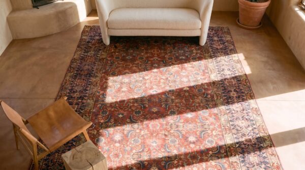 Antique n. W. Persian oversized room size wool coral rug 2 Antique n. W. Persian oversized room size wool coral rug (sku 21803) - styled overhead view