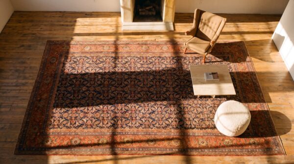 Antique n. W. Persian oversized room size wool dark rug 2 Antique n. W. Persian oversized room size wool dark rug (sku 23622) - styled overhead view