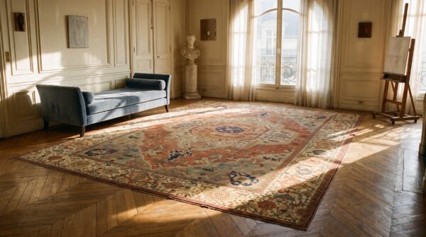 Antique n. W. Persian serapi carpet 11'6"×15'10" salmon rose medallion, 1880s 10 Antique n. W. Persian serapi carpet 11'6"×15'10" salmon rose medallion, 1880s (sku 21097) - room view
