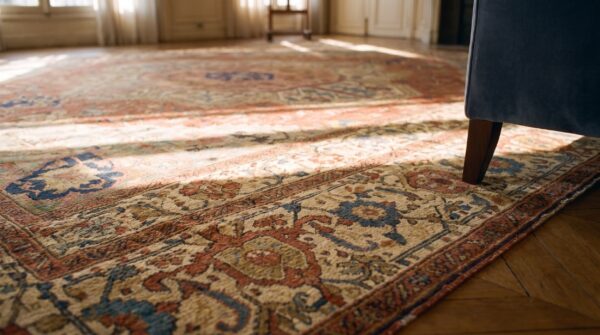 Antique n. W. Persian serapi carpet 11'6"×15'10" salmon rose medallion, 1880s 11 Antique n. W. Persian serapi carpet 11'6"×15'10" salmon rose medallion, 1880s (sku 21097) - in-room detail