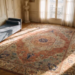 Antique N.W. Persian Serapi Carpet 11'6"×15'10" Salmon Rose Medallion, 1880s (SKU 21097) - styled overhead view