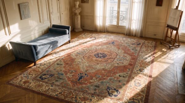 Antique n. W. Persian serapi carpet 11'6"×15'10" salmon rose medallion, 1880s 2 Antique n. W. Persian serapi carpet 11'6"×15'10" salmon rose medallion, 1880s (sku 21097) - styled overhead view