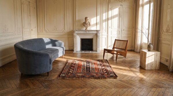 Antique n. W. Persian small square scatter size wool red rug 7 Antique n. W. Persian small square scatter size wool red rug (sku 22989) - room view