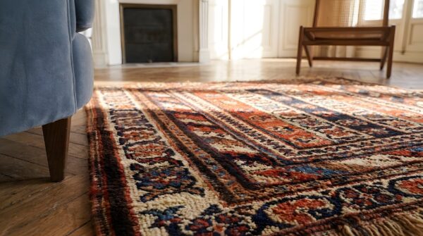 Antique n. W. Persian small square scatter size wool red rug 8 Antique n. W. Persian small square scatter size wool red rug (sku 22989) - in-room detail