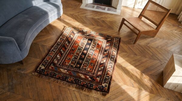 Antique n. W. Persian small square scatter size wool red rug 2 Antique n. W. Persian small square scatter size wool red rug (sku 22989) - styled overhead view