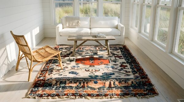 Antique n. W. Persian square small scatter size wool ivory beige rug (sku 24370) - styled overhead view