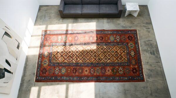 Antique n. W. Persian yellow 1880s hallway runner rug 2 Antique n. W. Persian yellow 1880s hallway runner rug (sku 22254) - styled overhead view