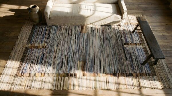 Antique native american flat weave rag rug 2 Antique native american flat weave rag rug (sku 25754) - styled overhead view