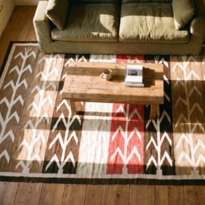 Antique Native American Tribal Geometric Design Flat Weave Navajo Rug (SKU 25282) - styled overhead view