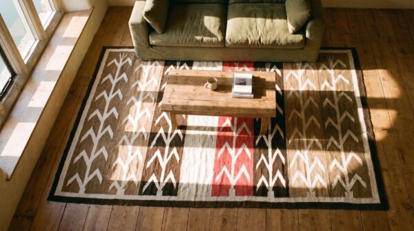 Antique native american tribal geometric design flat weave navajo rug 2 Antique native american tribal geometric design flat weave navajo rug (sku 25282) - styled overhead view