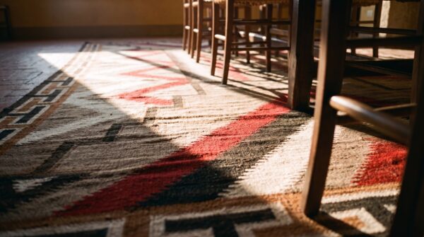 Antique native american tribal geometric flat weave kilim rug 9 Antique native american tribal geometric flat weave kilim rug (sku 25287) - in-room detail