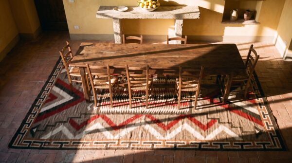 Antique native american tribal geometric flat weave kilim rug 2 Antique native american tribal geometric flat weave kilim rug (sku 25287) - styled overhead view