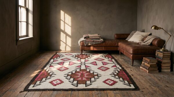 Antique native american tribal geometric patterned flat weave navajo area rug 8 Antique native american tribal geometric patterned flat weave navajo area rug (sku 20315) - room view