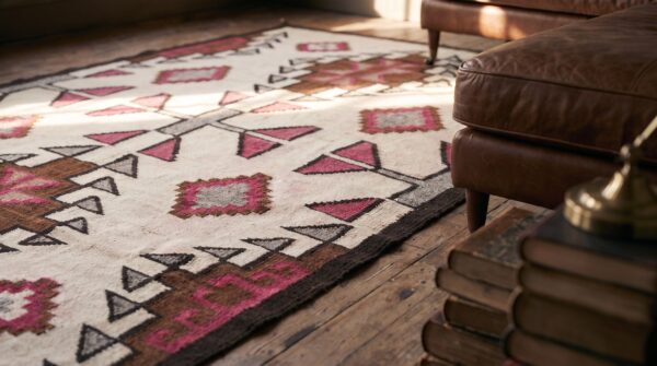 Antique native american tribal geometric patterned flat weave navajo area rug 9 Antique native american tribal geometric patterned flat weave navajo area rug (sku 20315) - in-room detail