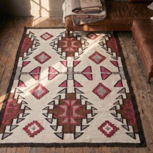Antique Native American Tribal Geometric Patterned Flat Weave Navajo Area Rug (SKU 20315) - styled overhead view