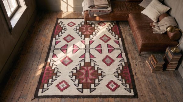 Antique native american tribal geometric patterned flat weave navajo area rug 2 Antique native american tribal geometric patterned flat weave navajo area rug (sku 20315) - styled overhead view