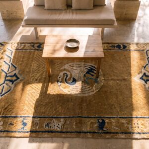 Natural Color Antique Chinese White Crane Design Mid 19th Century Ningxia Rug (SKU 25289) - styled overhead view