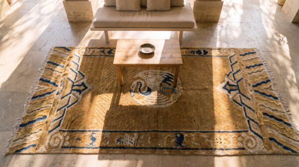 Natural color antique chinese white crane design mid 19th century ningxia rug 2 Natural color antique chinese white crane design mid 19th century ningxia rug (sku 25289) - styled overhead view