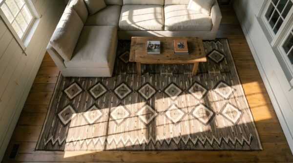 Antique navajo american allover geometric grey 1930s rug 2 Antique navajo american allover geometric grey 1930s rug (sku 23790) - styled overhead view