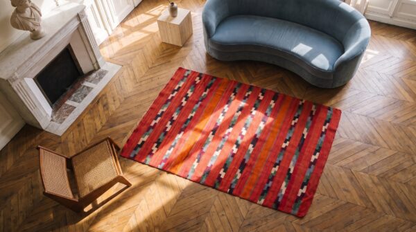 Antique navajo american coral 1890s rug 2 Antique navajo american coral 1890s rug (sku 21434) - styled overhead view