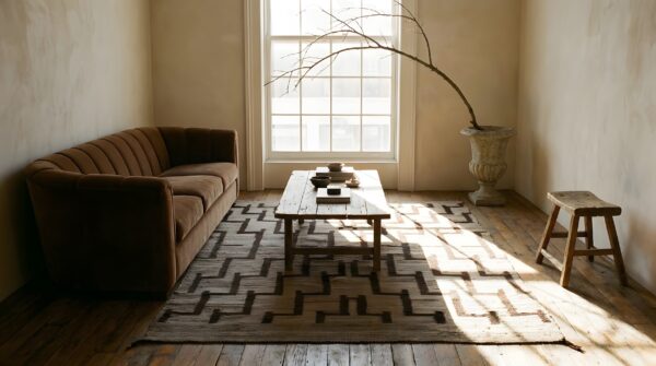 Antique navajo american geometric, medallion flat weave rug (sku 23797) - room view