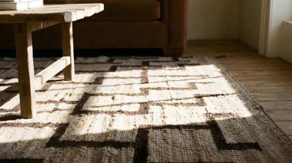 Antique navajo american geometric, medallion flat weave rug (sku 23797) - in-room detail