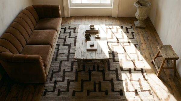 Antique navajo american geometric, medallion flat weave rug (sku 23797) - styled overhead view