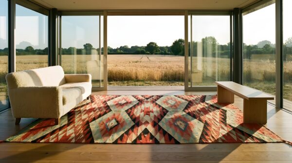 Antique navajo american geometric multicolor 1890s square rug 9 Antique navajo american geometric multicolor 1890s square rug (sku 25168) - room view