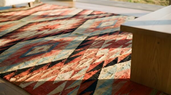 Antique navajo american geometric multicolor 1890s square rug 10 Antique navajo american geometric multicolor 1890s square rug (sku 25168) - in-room detail