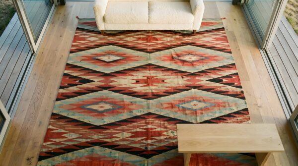 Antique navajo american geometric multicolor 1890s square rug 2 Antique navajo american geometric multicolor 1890s square rug (sku 25168) - styled overhead view