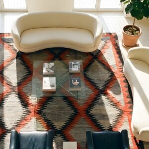 Antique Navajo Flat Weave Gray Color Native American Flat Weave Rug (SKU 25822) - styled overhead view