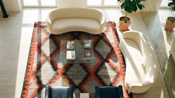 Antique navajo flat weave gray color native american flat weave rug 2 Antique navajo flat weave gray color native american flat weave rug (sku 25822) - styled overhead view
