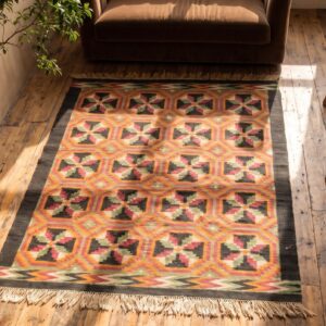 Antique Navajo Mexico Flat Weave Rug (SKU 20904) - styled overhead view