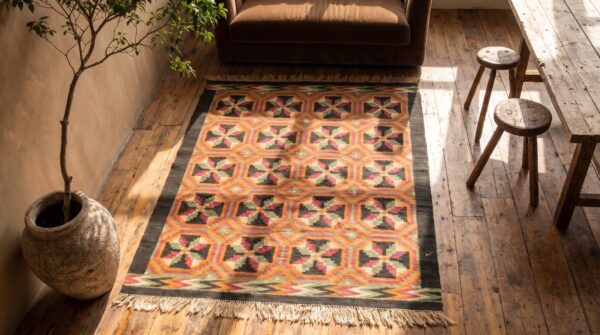 Antique navajo mexico flat weave rug 2 Antique navajo mexico flat weave rug (sku 20904) - styled overhead view