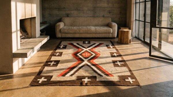 Antique navajo native american earth tone color flat woven rug 5 Antique navajo native american earth tone color flat woven rug (sku 21305) - room view
