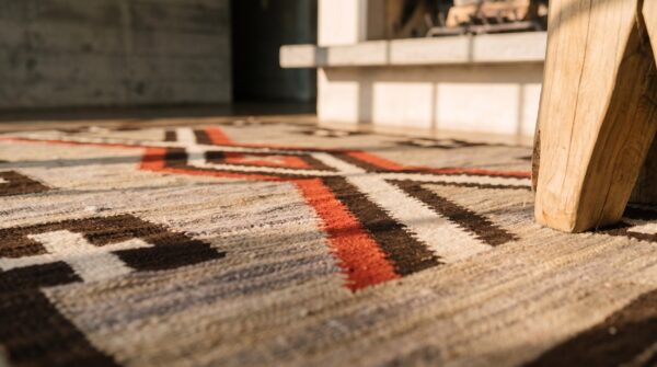 Antique navajo native american earth tone color flat woven rug 6 Antique navajo native american earth tone color flat woven rug (sku 21305) - in-room detail