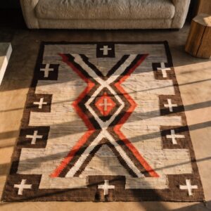 Antique Navajo Native American Earth Tone Color Flat Woven Rug (SKU 21305) - styled overhead view
